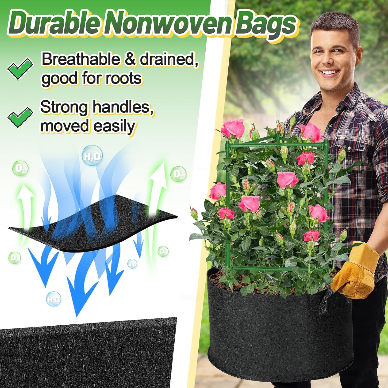 ANPHSIN Sturdy Triangle Tomato Cage with Movable 10 Gal Grow Bags, 3 Sets | 47'' Plants Garden Trellis Planters