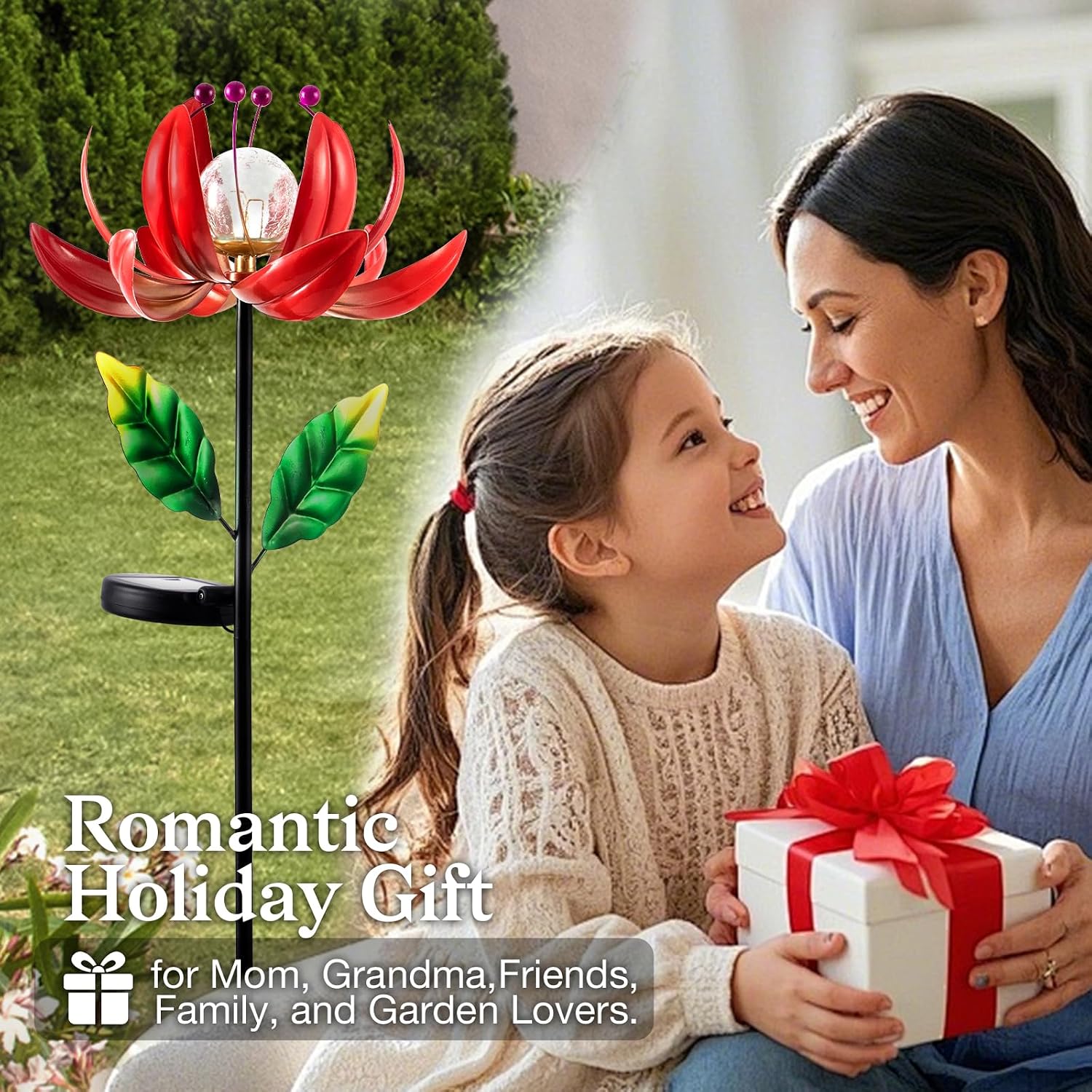 Solar Lights Outdoor Wind Spinners, Metal Lotus Flower Garden Decor with Waterproof LED Crackle Glass Globe for Patio