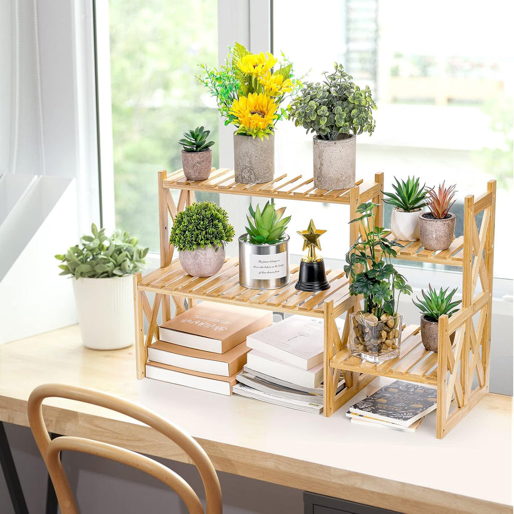 Lawei 2 Tier Bamboo Tabletop Plant Stand, Adjustable Flower Pot Holder Shelf Planter Display Stand, Small Desktop