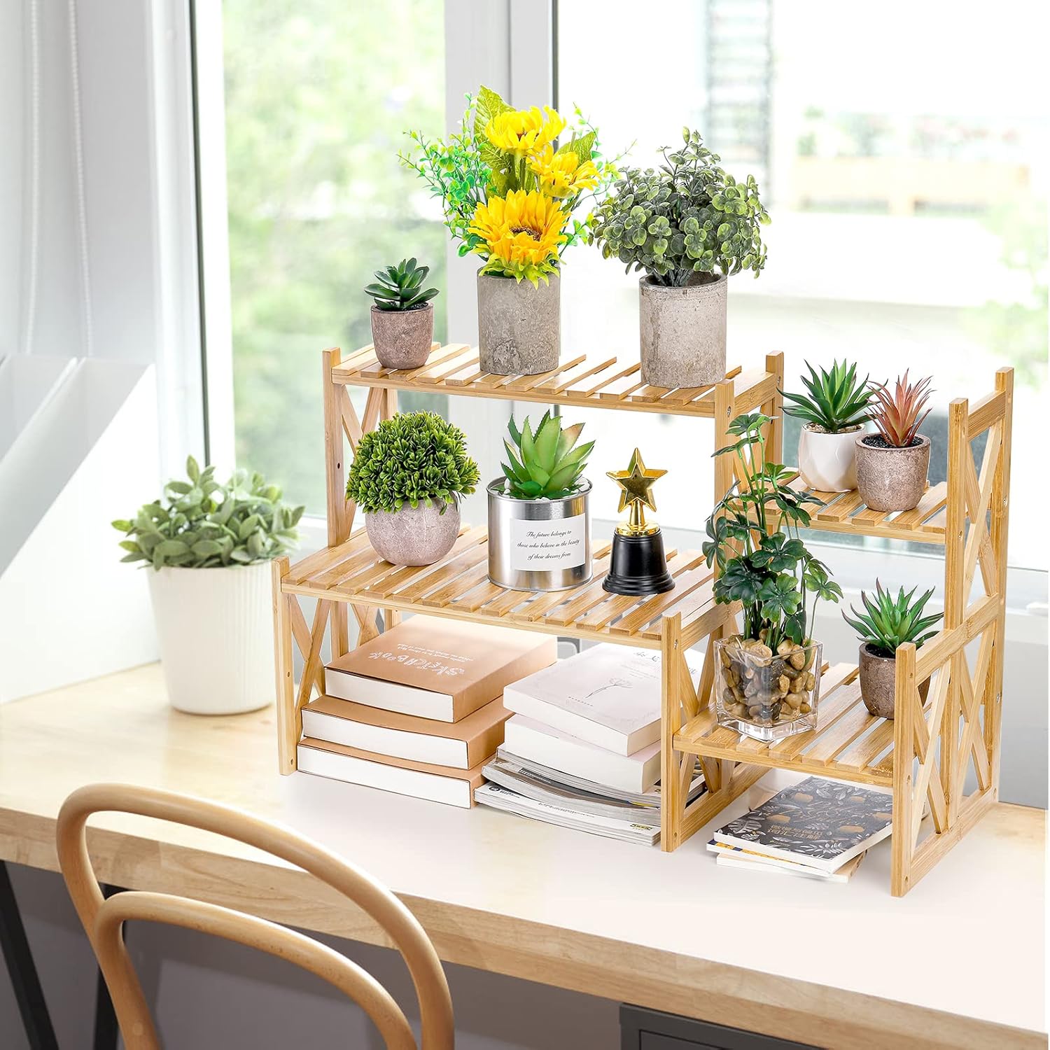 Lawei 2 Tier Bamboo Tabletop Plant Stand, Adjustable Flower Pot Holder Shelf Planter Display Stand, Small Desktop