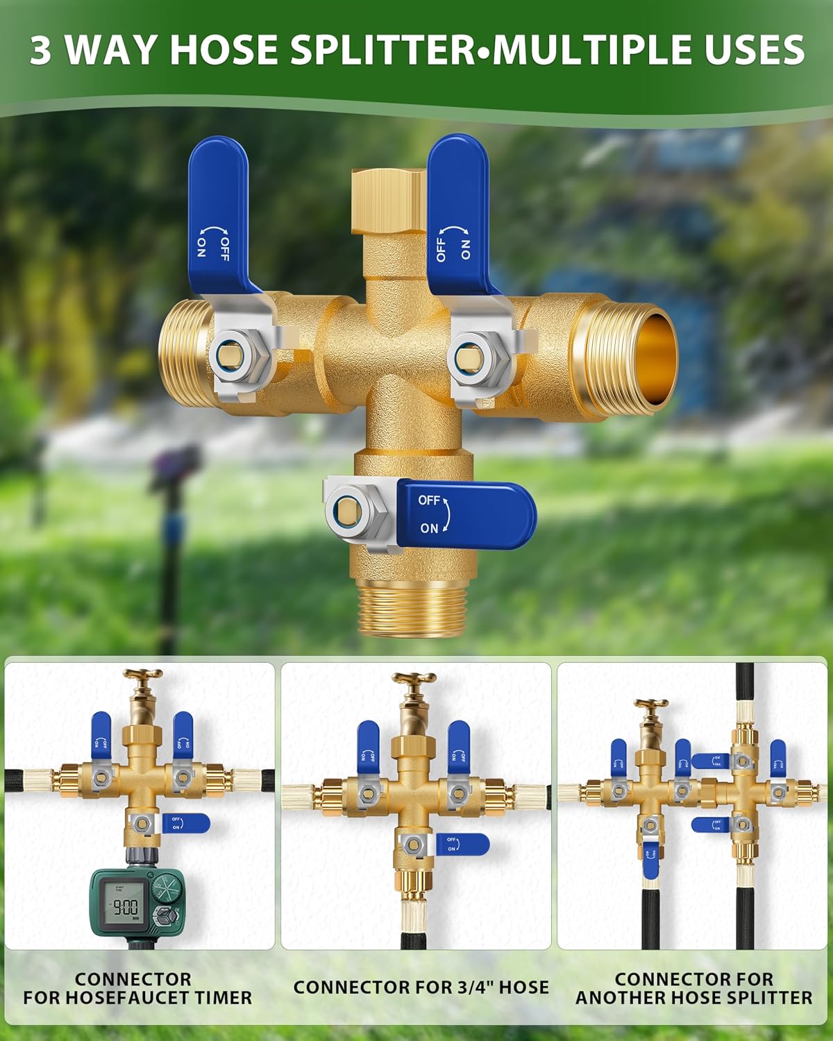 Garden Hose Splitter, 3 Way Heavy Duty Brass hose splitter, Water Hose Bib Spigot Splitter with 0.59" Full Flow Ball