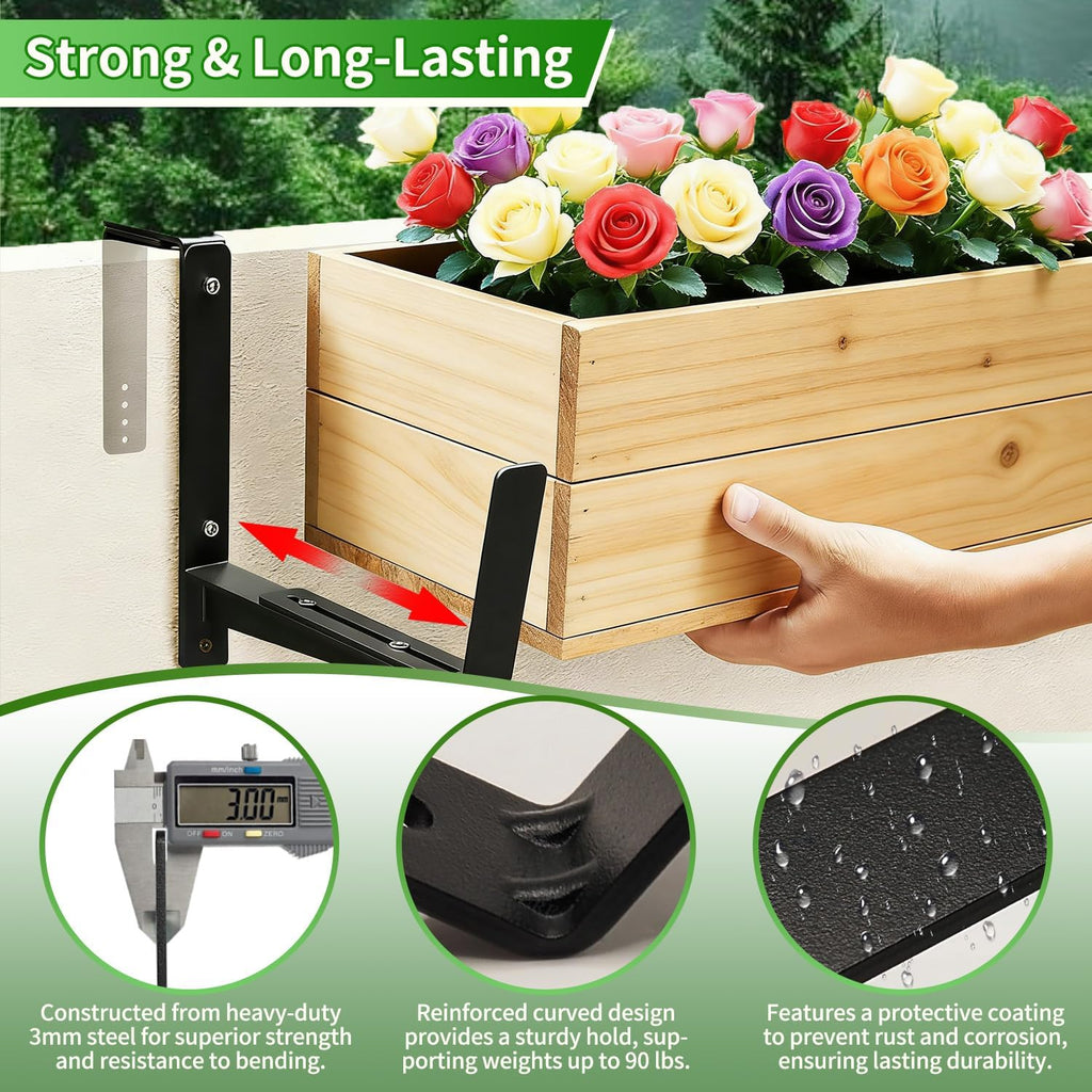 Heavy Duty Adjustable Window Box Brackets | Iron Planter Box Hangers, Reinforced Bottom Support, For Balcony, Fence