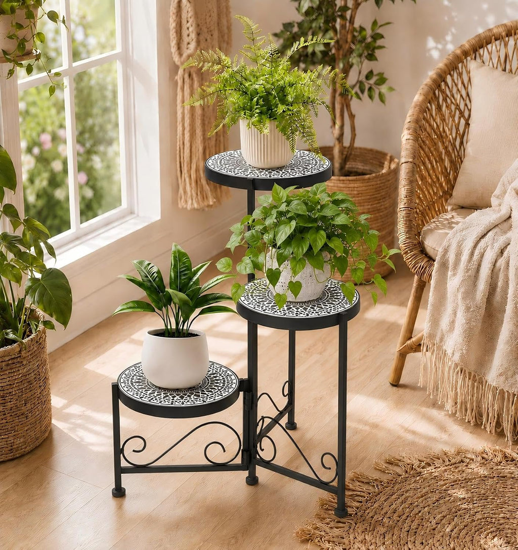 3 Tier Mosaic Corner Plant Stand Foldable Display Shelf Black | Tall Plant Holder Space-Saving Corner Design Perfect