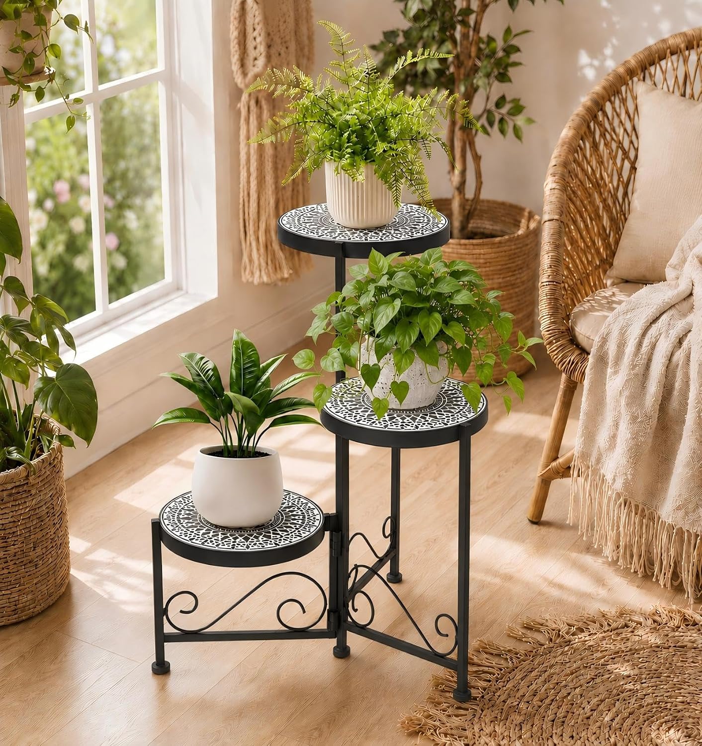 3 Tier Mosaic Corner Plant Stand Foldable Display Shelf Black | Tall Plant Holder Space-Saving Corner Design Perfect