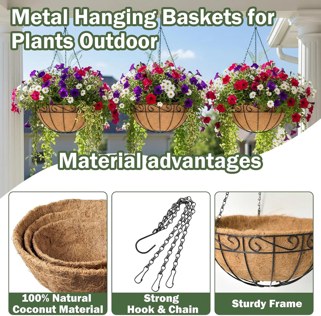 4 Pack 14 Inch Hanging Baskets for Plants Outdoor Metal Hanging Planter Basket with Coco Coir Liner Hanging Flower Pots