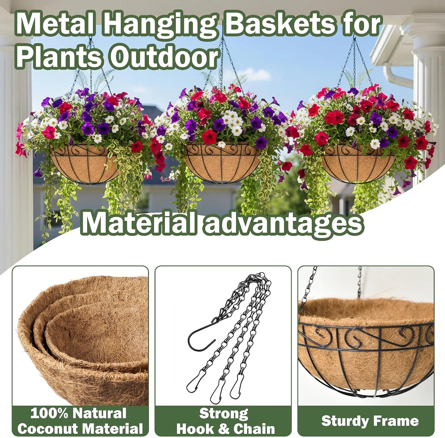4 Pack 14 Inch Hanging Baskets for Plants Outdoor Metal Hanging Planter Basket with Coco Coir Liner Hanging Flower Pots