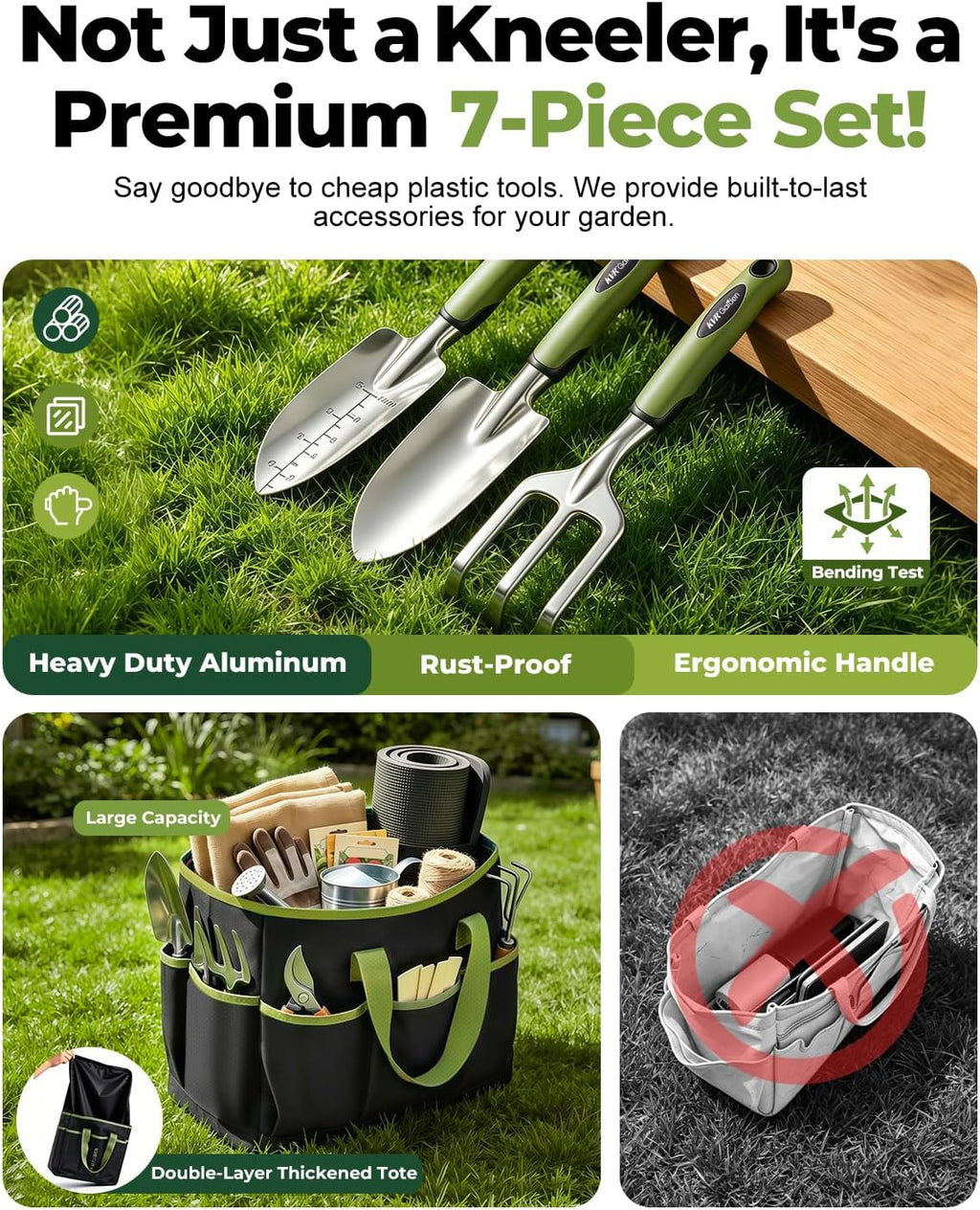 Garden Stool & Kneeler 7-Piece Set with 3 Aluminum Tools, Double-Layer Tote Bag & 2 Side Pouches - Foldable Gardening