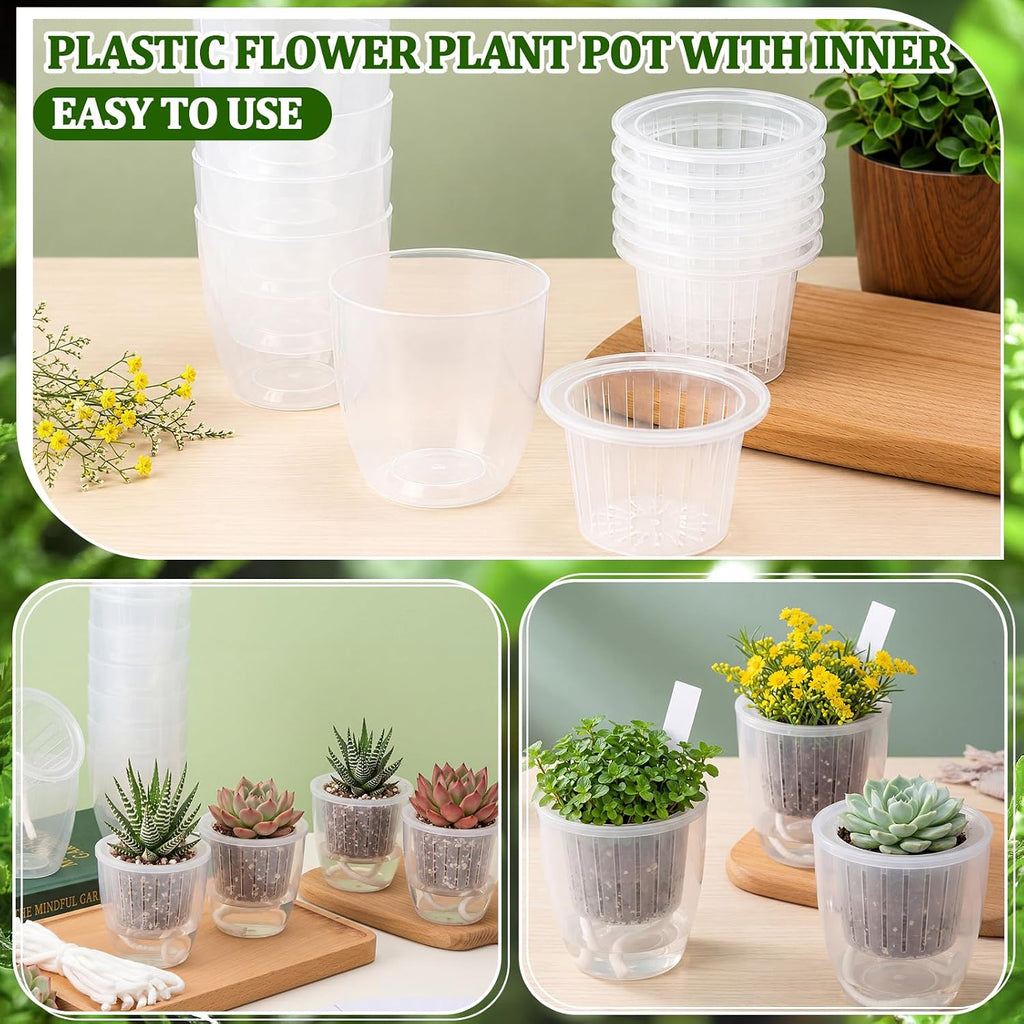 24 pcs Self Watering Pots 3.5 Inch Plastic Flower Plant Pot with Inner Pot Self Watering Wick Planter Clear Flower pots