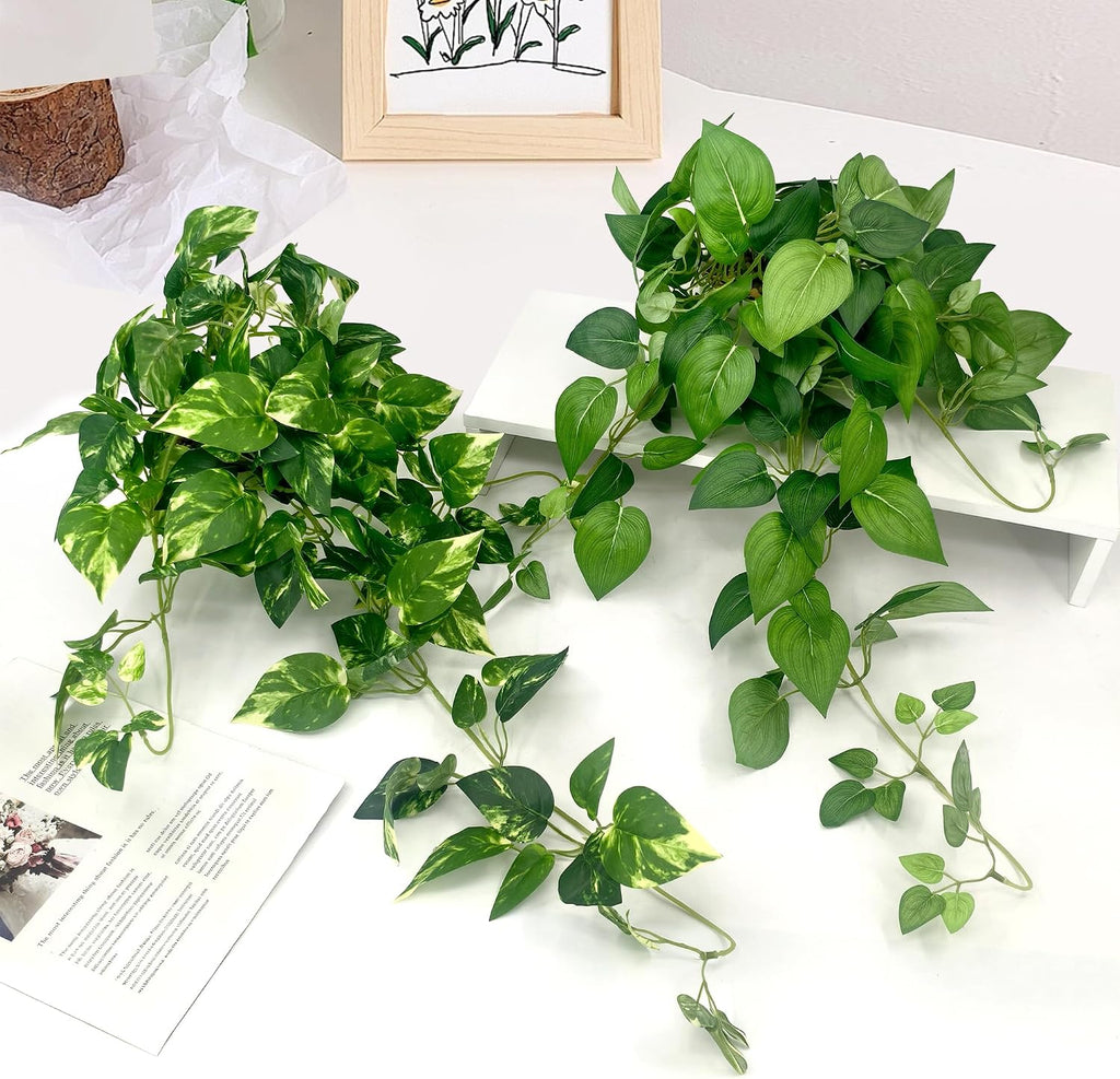 2 Pack Artificial Hanging Plants with White Pots 23.6'' | Fake Pothos Potted Plants Faux Ivy Vines Realistic Greenery