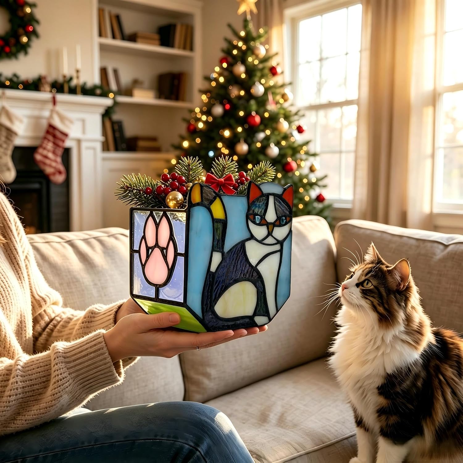 Handmade Stained Glass Indoor Plant Pot,Flower Pots with Drainage Holes,Black Orange Cat Planter Pot, Cute Succulent