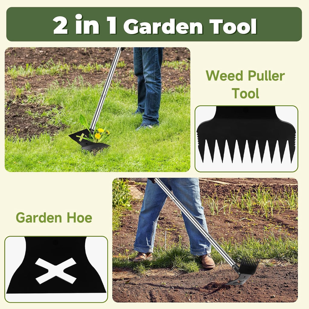 NICOFPHY Larger Weed Puller Tool with Long Handle for Garden, Yard and Lawn | 2 in 1 Gardening Weeding Rake and Garden