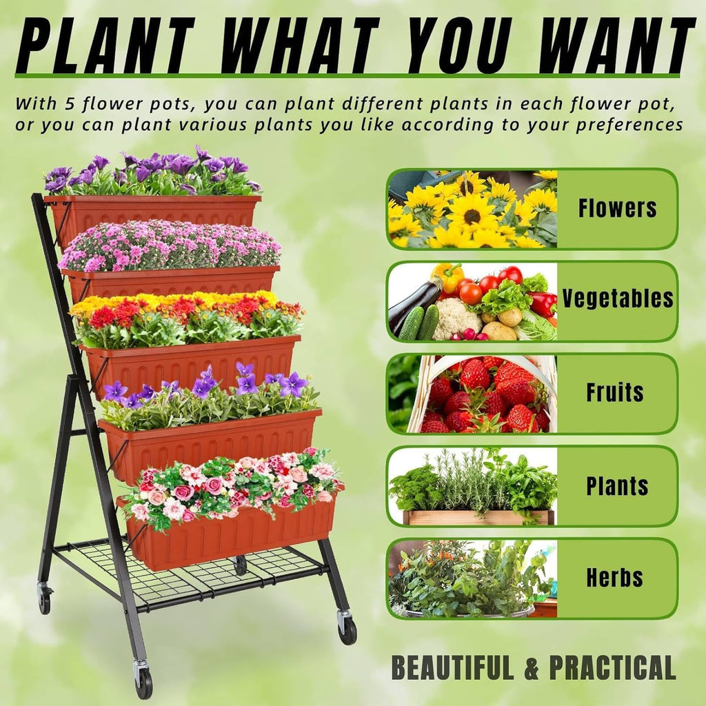 TEANDE Vertical Raised Garden Bed, 5-Tier Elevated Planter Box w/Drainage System & 4 Hooks for Herbs Vegetables