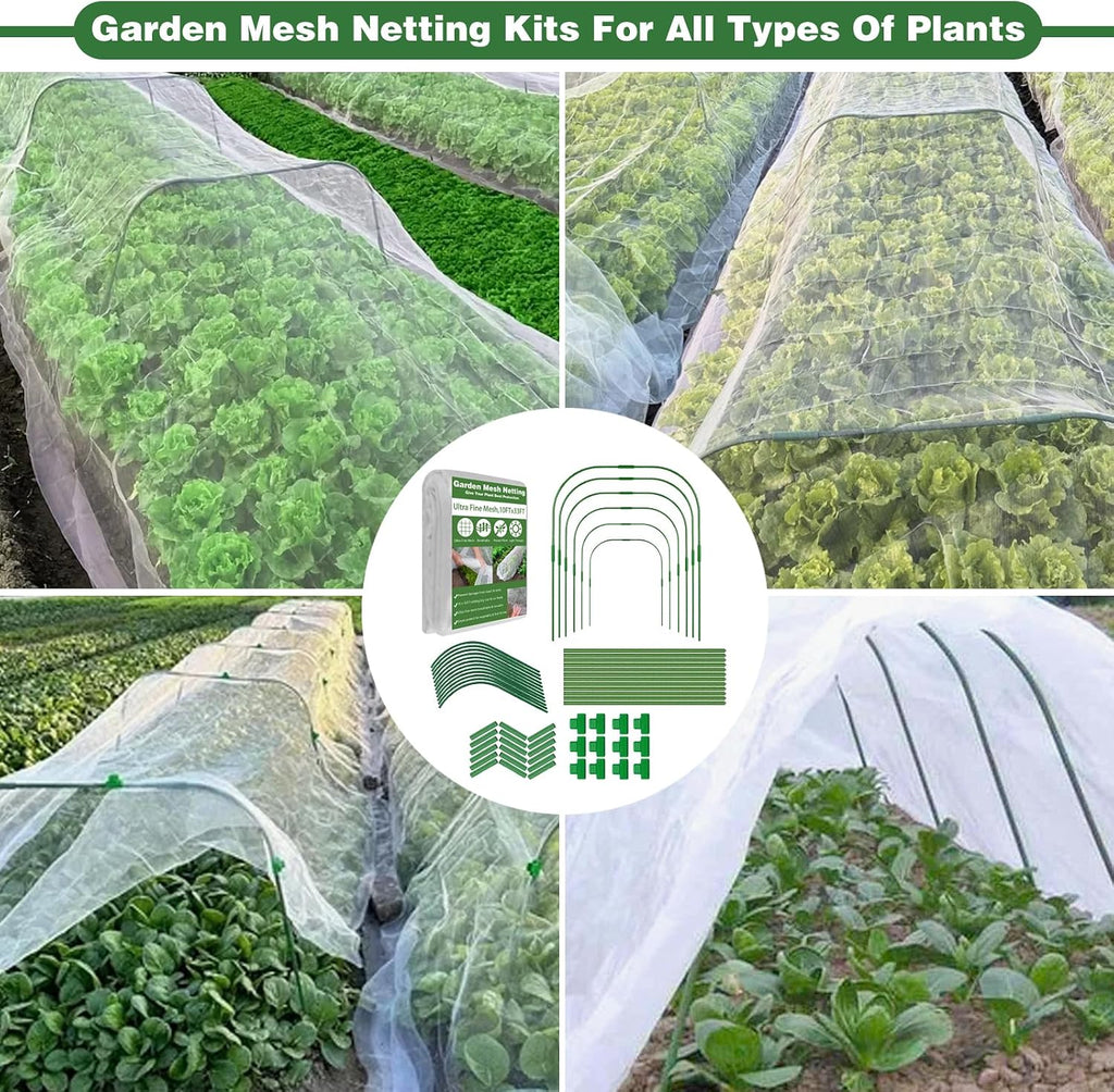 Garden Mesh Netting Kit, 10x33FT Ultra Fine Mesh Netting with 6 Sets Fiberglass Garden Hoops & 12 Clips for Tree Fruit