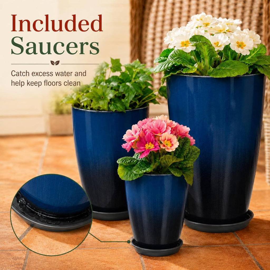 Neoaider Set of 3 Tall Planter, 24/21/12in Large Plastic Planter, Dark Blue | Ceramic-Look, Lightweight, Built-in Drain