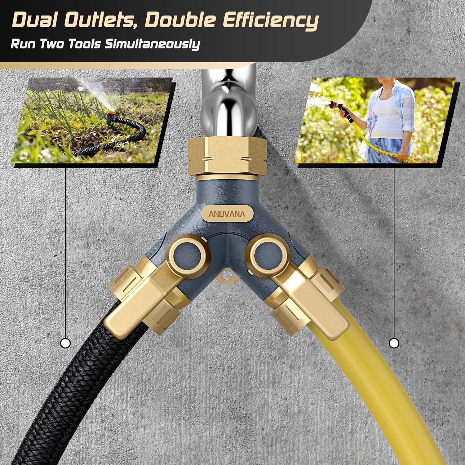 Hose Splitter 2 Way Heavy Duty, Garden Hose Splitter- Full Metal Body Y Type with Dual Shut Off Valves, 3/4" Standard