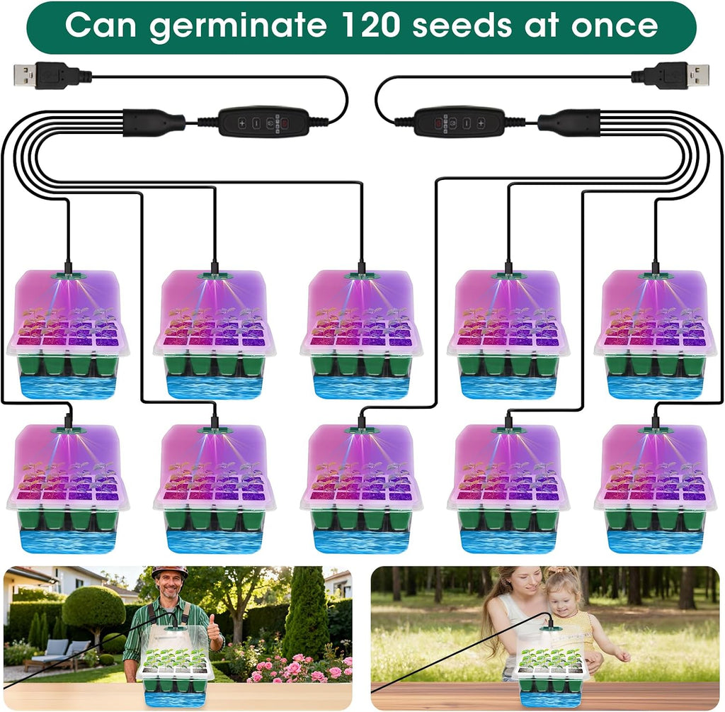 10-Pack Self Watering Seed Starter Tray with Grow Light 120Cell | Smart Timer, Humidity Dome, Ideal For Indoor Plant