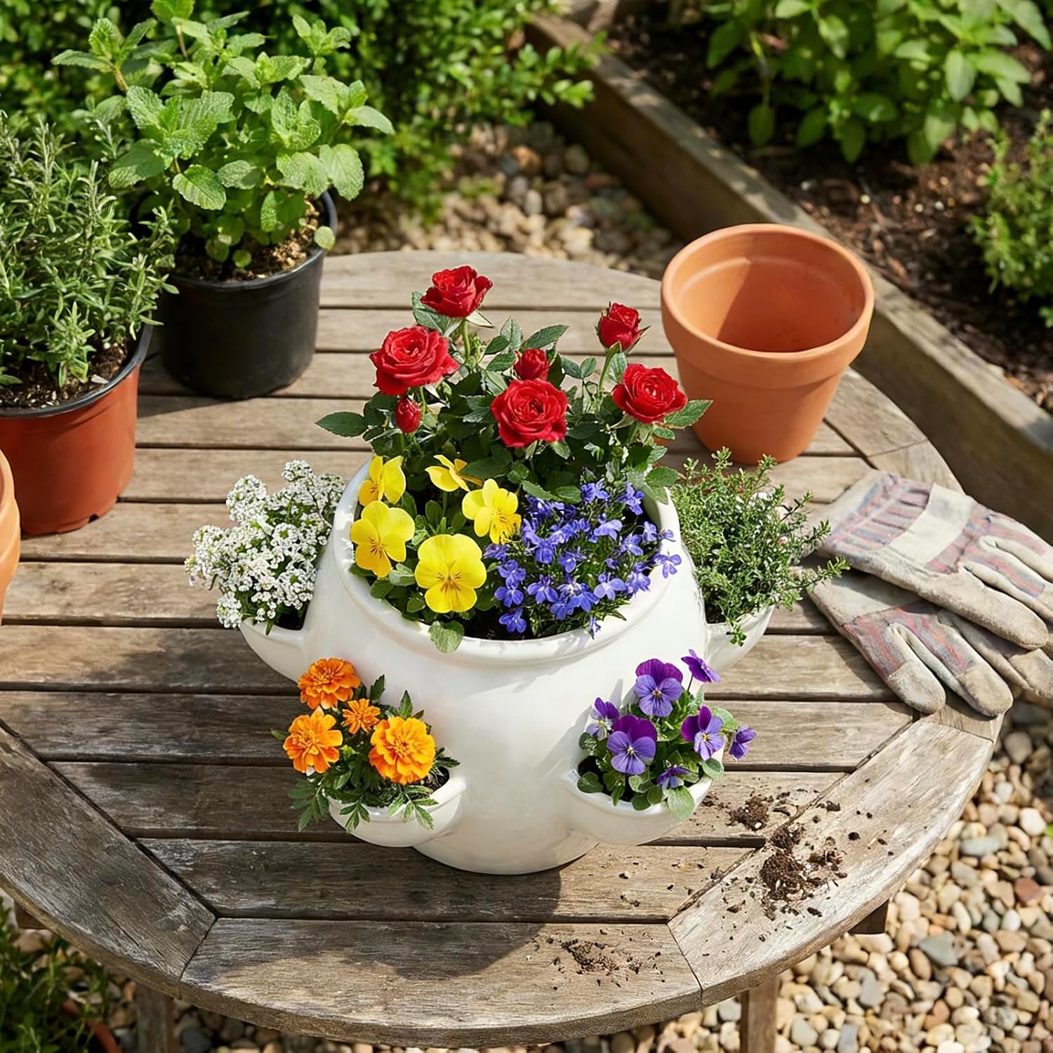 MyGift White Ceramic Plant Pot, Flower Strawberry Planter with Saucer and 4 Decorative Side Openings Design