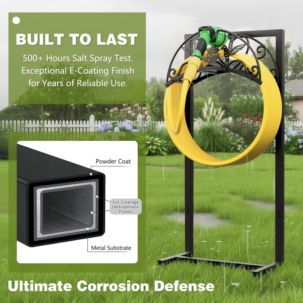 Garden Hose Holder - Upgraded Electrophoretic Coating Anti-Rust Graden Hose Storage Rack with Hummingbird Pattern Holds