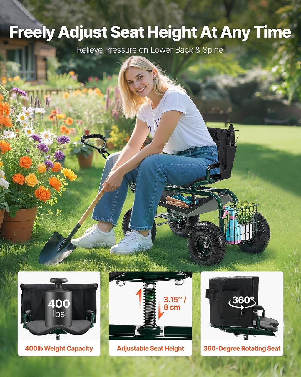 VEVOR Garden Seat with Wheels, Rolling Garden Stool with Height Adjustable & 360° Swivel Seat, 400lbs Weight Capacity