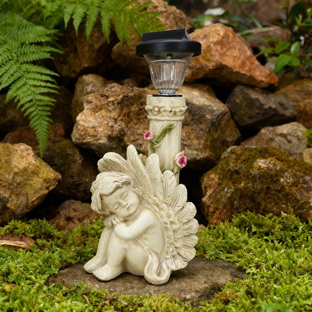 Angel Statue with Solar Light,White 12.9IN | Resin Angel Statue Decor for HOME Patio Lawn Yard Balcony, Resin Angel