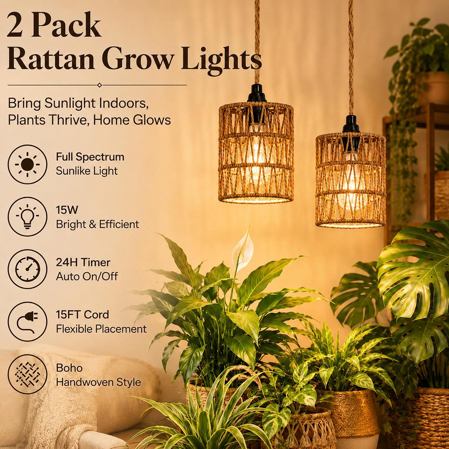2 Pack Hanging Grow Lights for Indoor Plants Boho Rattan Plant Light | 15FT Power Cord with Timer, 15W Full Spectrum