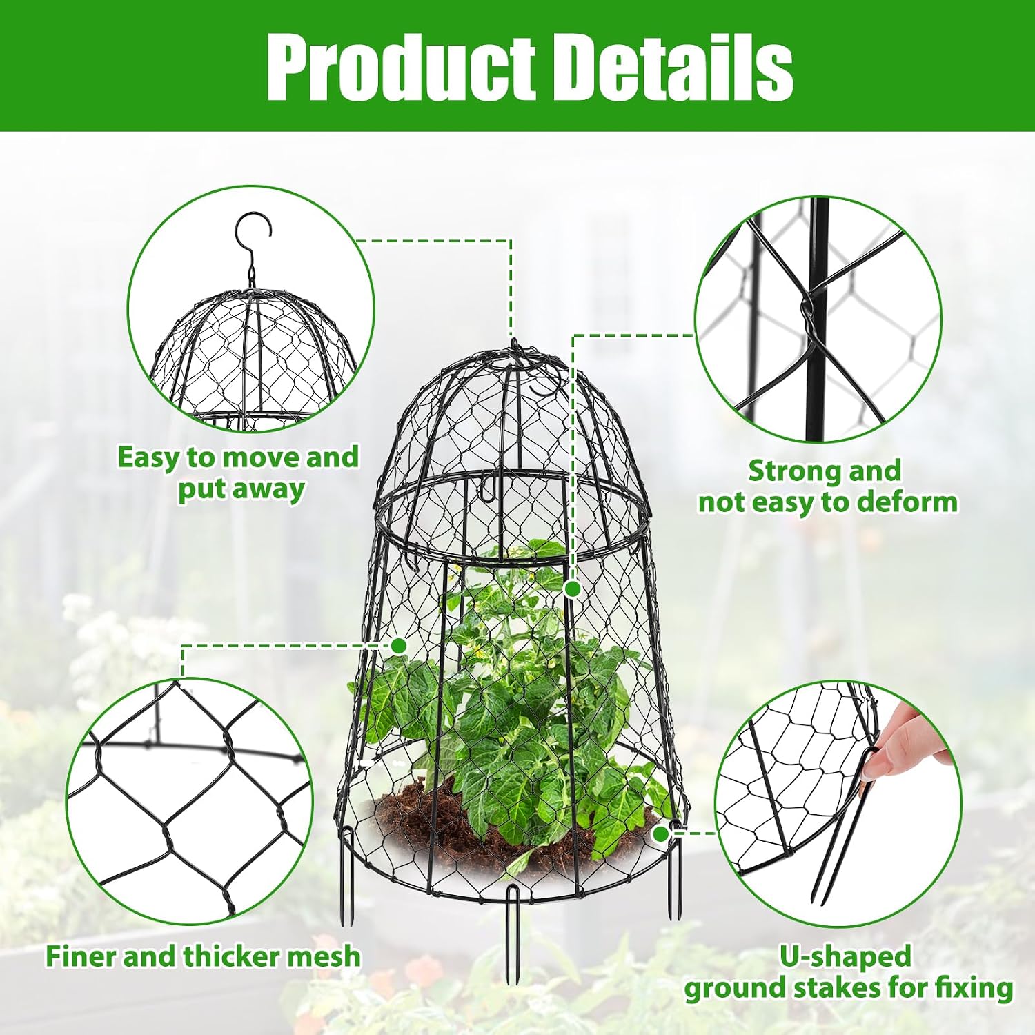 6 Pack Garden Cloches for Plants, Sturdy Chicken Wire Cloches Plant Cover | Includes 6 Ground Stakes, Large Wire Cage