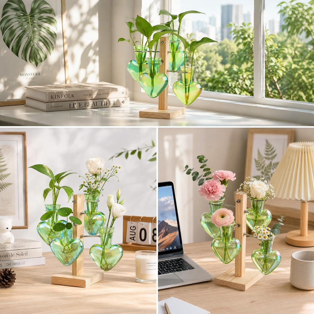 Plant Terrarium Propagation Stations: Green Vase with Wooden Stand | 4 Irised Crystal Glass, Heart Shaped, Home Table