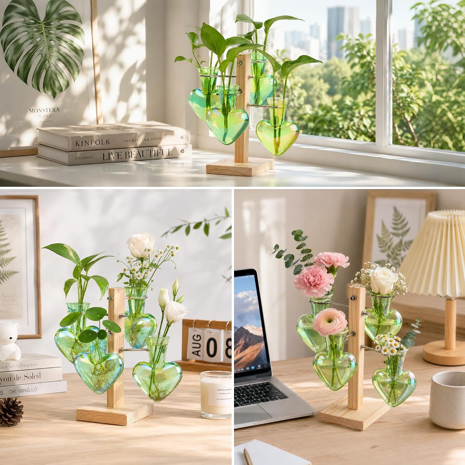 Plant Terrarium Propagation Stations: Green Vase with Wooden Stand | 4 Irised Crystal Glass, Heart Shaped, Home Table