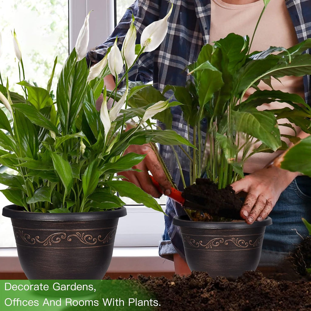 Plastic-Plant-Flower-Planters-12 Inch with Drainage Hole & Saucer, 3 Packs Lightweight Small Resin Flower Pot Indoor