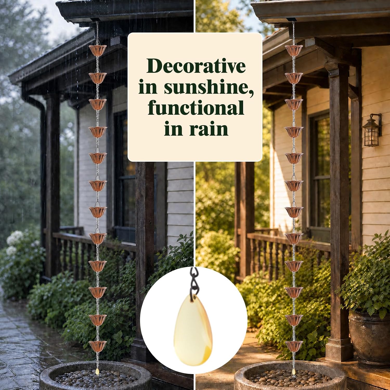 9 Ft Lotus Rain Chain for Gutters, 12 Cups, Downspout Replacement | Adjustable Rain Chains for Outside Chains to