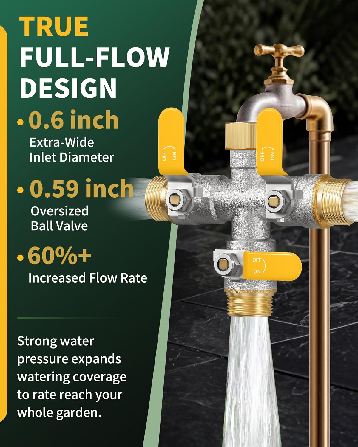 3 Way Hose Splitter, Heavy Duty Brass Garden Water Hose Splitter | Full Flow Design, Rust-Resistant Nickel-Plated