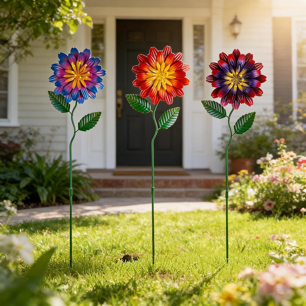 Metal Flowers for Outside,3 Pack Decorative Garden Stakes | Metal Spring Decor,Waterproof Metal Yard Art for