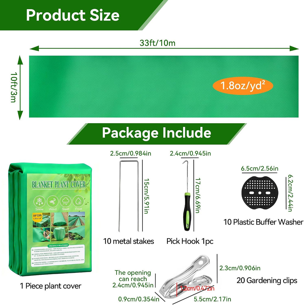Plant Covers Freeze Protection kit，1.8 oz/yd²-10 ft x 33 ft Thickened Floating Row Cover for Outdoor Plants With 20