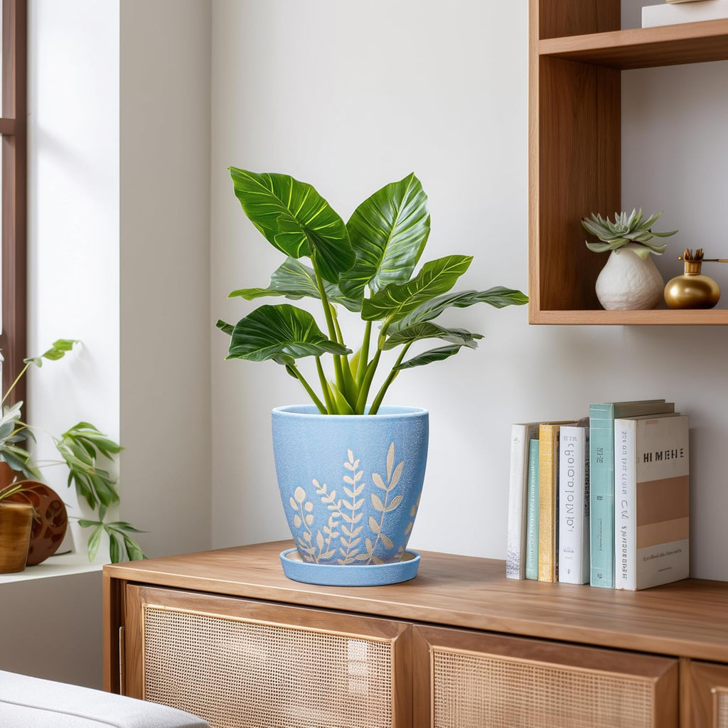 6 Inch Ceramic Plant Pot with Saucer - Small Flower Pot with Drainage for Succulents & Herbs, Boho Desk Home Office