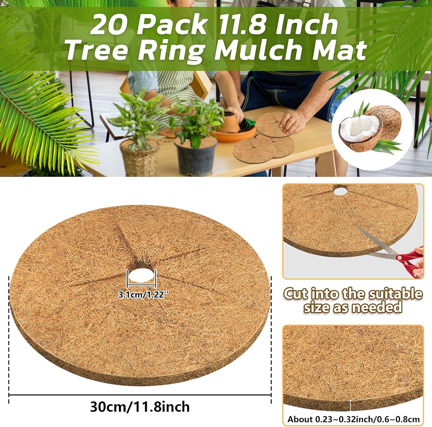 20 Pack Coconut Fiber Mulch Ring Tree Plant Protector Mat, 11.8 Inch | Natural Coco Coir Tree Mulch Ring Plant Pot Soil
