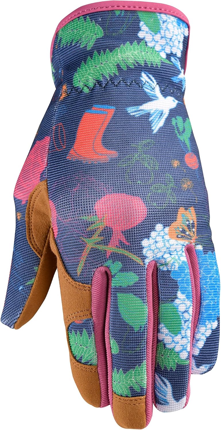Wells Lamont Women's Garden Print Slip-On High Dexterity Work and Gardening Gloves, Navy, Large (7753L-990)