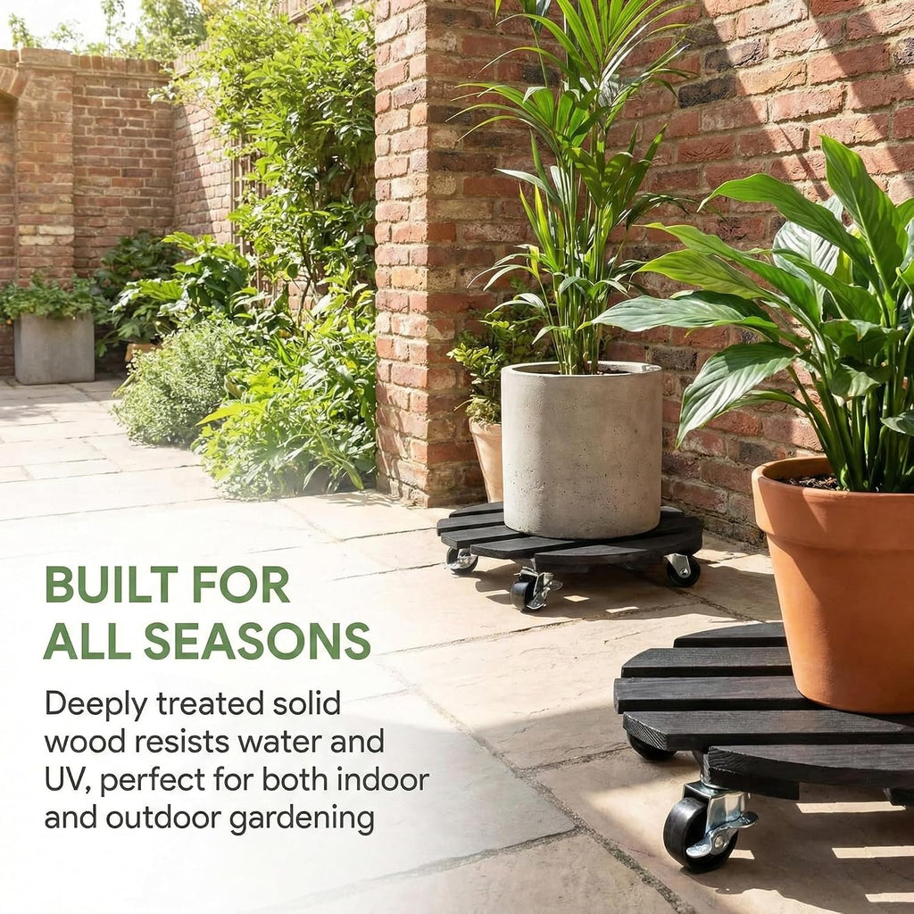 Plant Caddy with Wheels, 12 Inch Rolling Plant Stand, 2 Pack, Black | Heavy Duty Wooden Plant Dolly with Locking