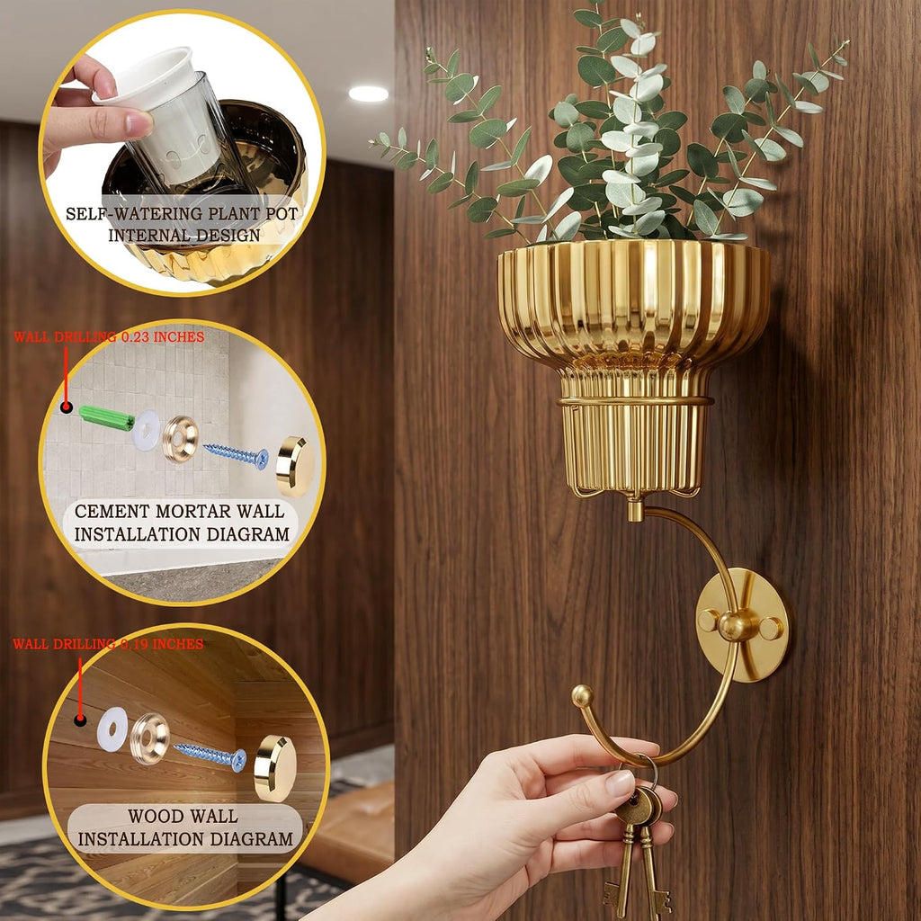 Hanging Plant Wall Vessel for Flowers with Hook, Indoor Outdoor Boho Bathroom Decor Wall Art Planter Mounted Vase (Gold)