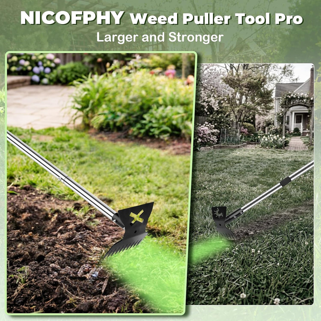 NICOFPHY Larger Weed Puller Tool with Long Handle for Garden, Yard and Lawn | 2 in 1 Gardening Weeding Rake and Garden