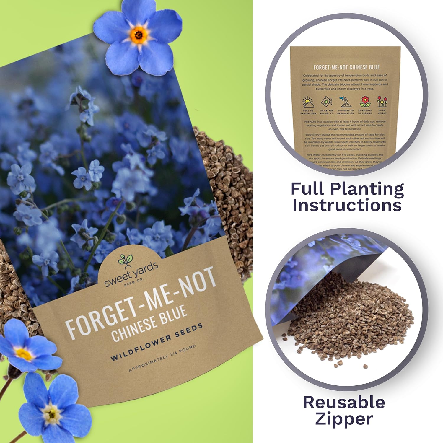 Chinese Forget Me Not Wildflower Seeds - Bulk 1/4 Pound Bag - Over 22,000 Open Pollinated Seeds - Blue Cynoglossum