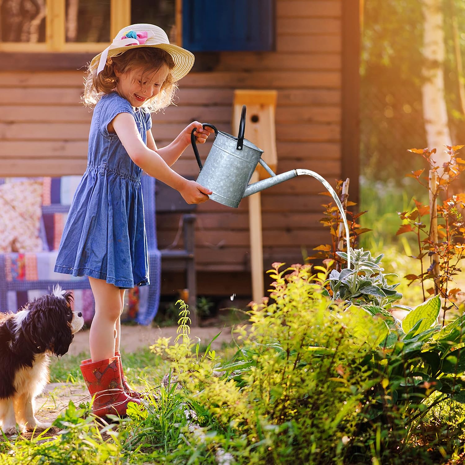 Garutom Galvanized Watering Can for Outdoor Indoor Plants, 1 Gallon Decorative Countryside Style Water Can with