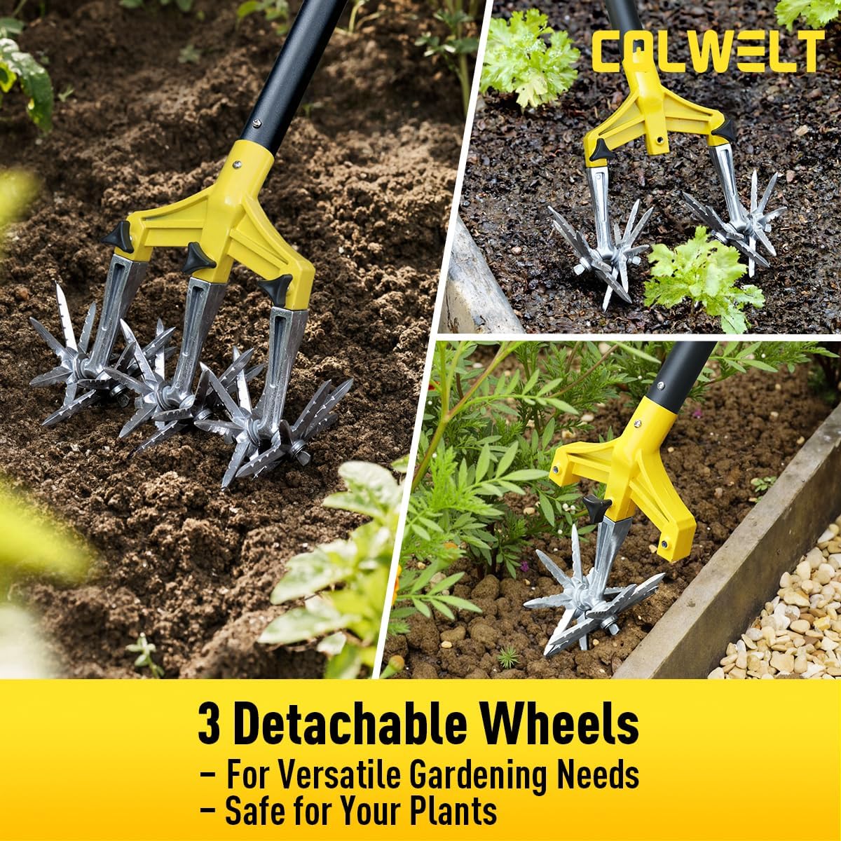 Rotary Cultivator Garden Tool 61’’, Hand Tiller Garden Tool with Detachable Aluminum Tines, Cultivators for Gardening