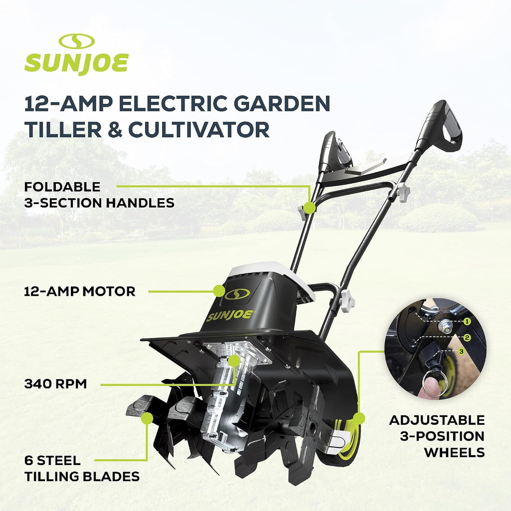 Sun Joe Corded Electric Garden Tiller & Cultivator with Steel Tines, 16 In, 12-Amp Motor - Heavy-Duty Tilling Machine