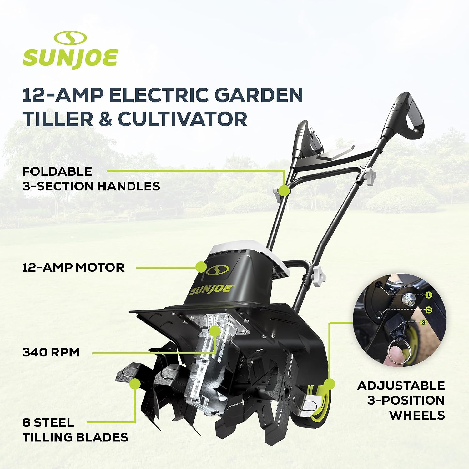 Sun Joe Corded Electric Garden Tiller & Cultivator with Steel Tines, 16 In, 12-Amp Motor - Heavy-Duty Tilling Machine