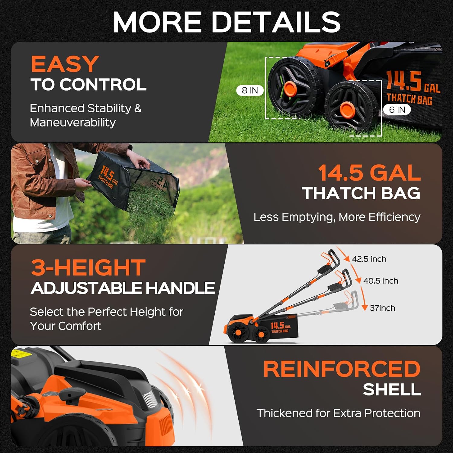TIECTOWN 16-Inch 15.5 Amp 2-in-1 Electric Dethatcher and Scarifier with 14.5-Gallon Collection Bag, Lawn Dethatcher
