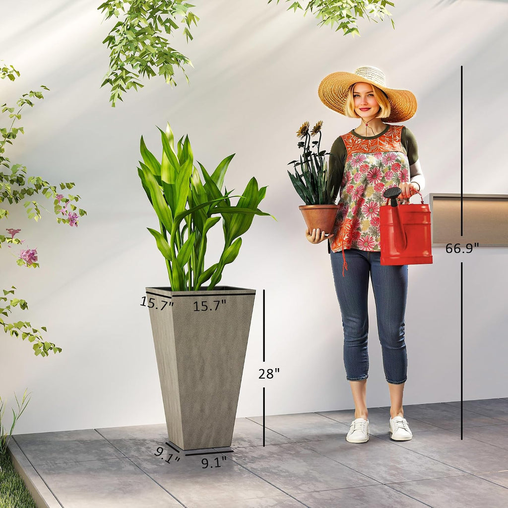 Outsunny 28 in Tall Planters for Outdoor Plants with Drainage Holes, Grey | Set of 3, Taper Planters, Indoor Grande