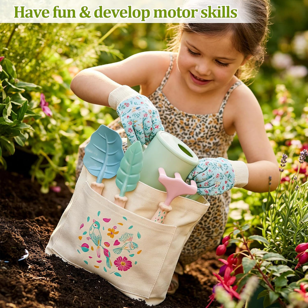 FITNATE Kids Gardening Tools Set 6PCS | with Watering Can, 3 Garden Tools, Gloves & Tote Bag, Perfect for Garden