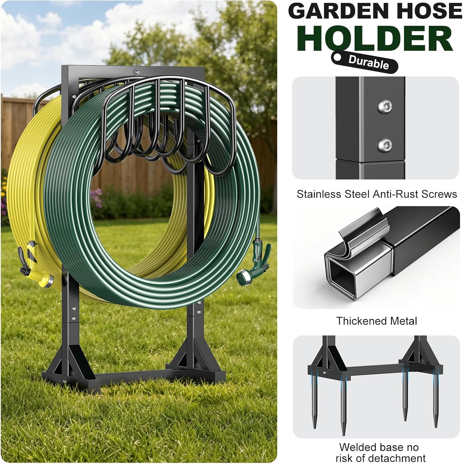 HeroicLion Garden Hose Holder Holds 2 x 151FT Hoses, Heavy-Duty Metal Freestanding Hose Stand Hanger with Stable Base