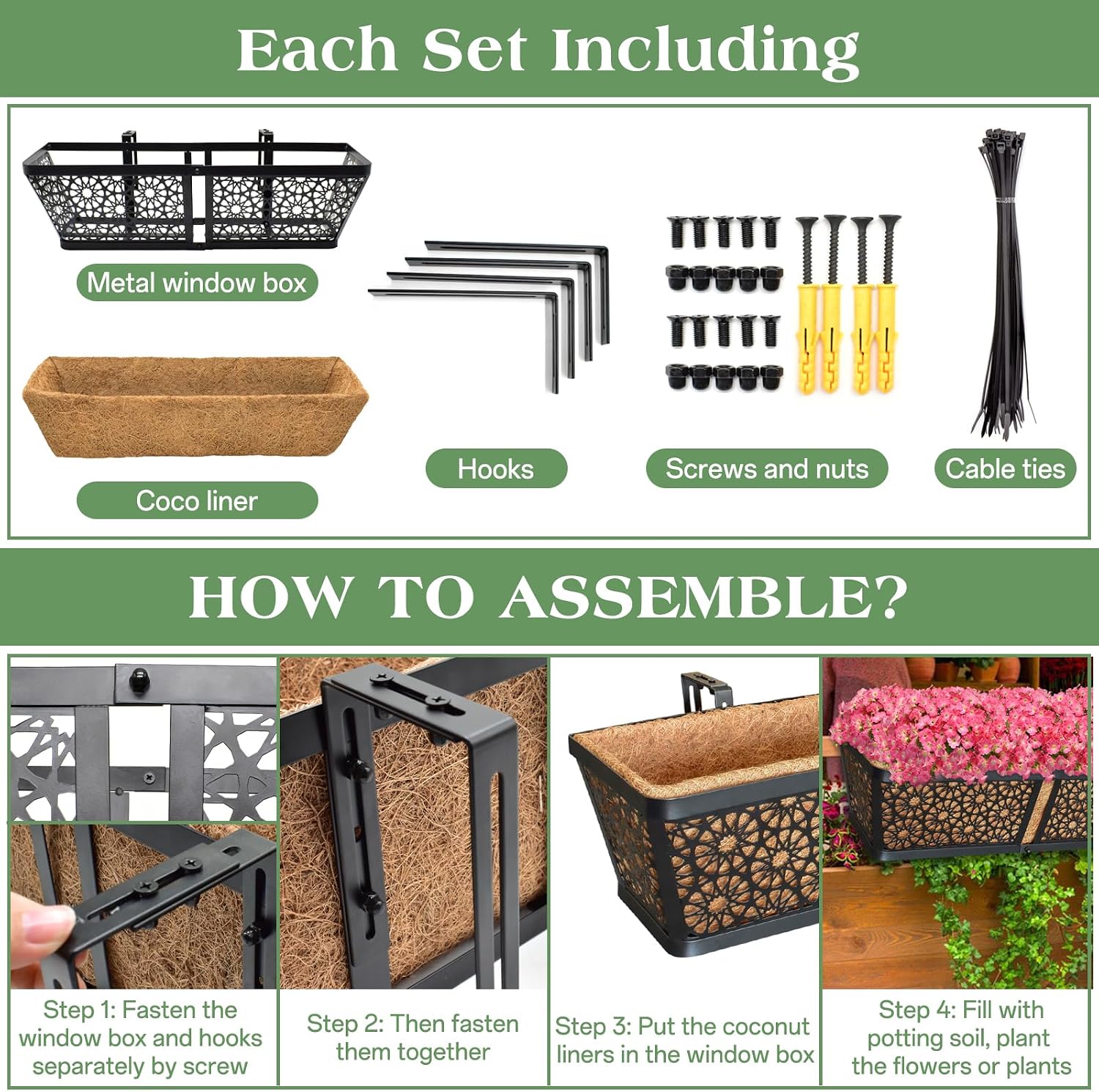3 Pack Over Railing Planter Box, 24 Inch Window Box with Coco Liner | with Adjustable Brackets, Rust-Resistant Metal