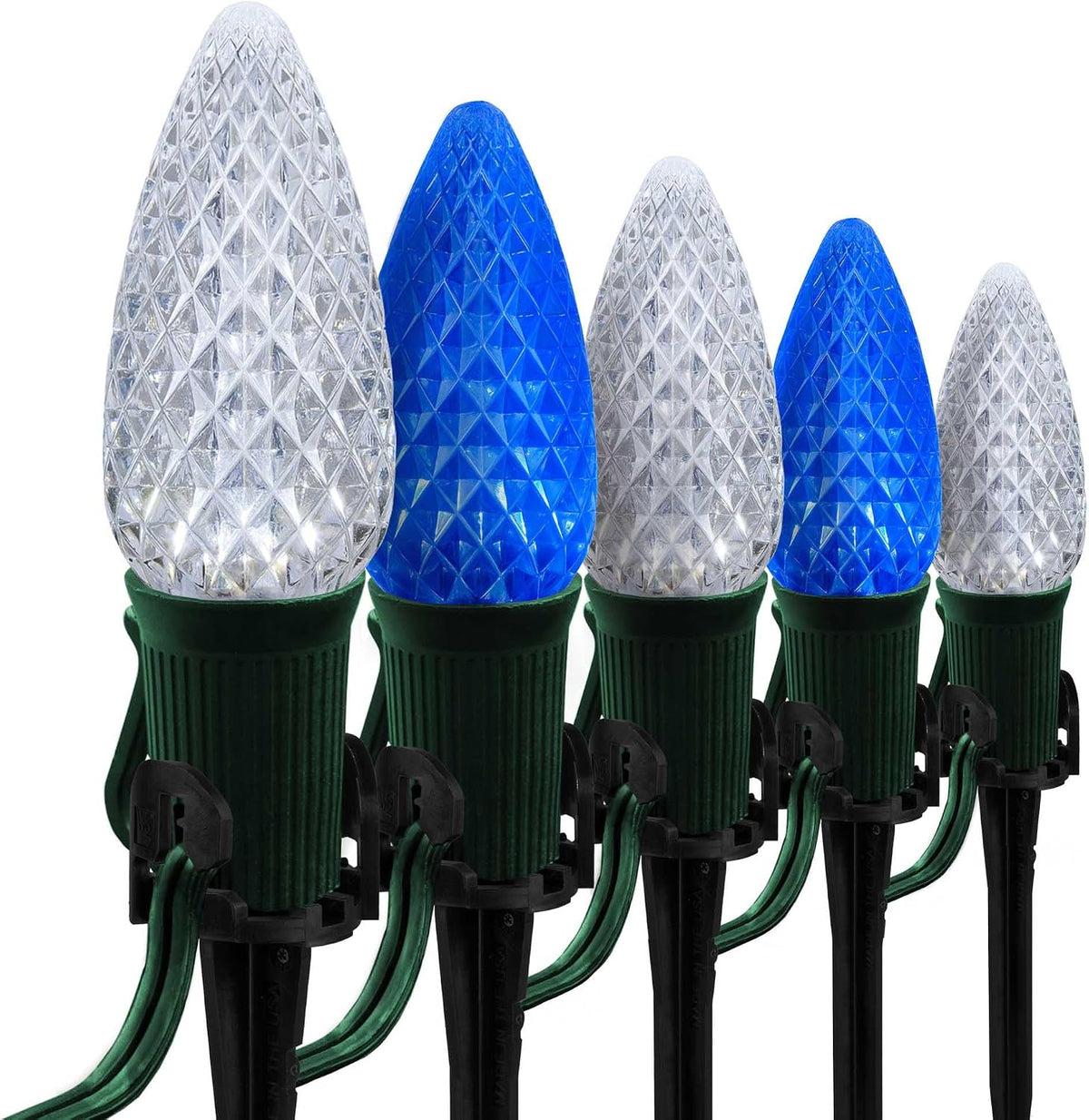 Wintergreen Lighting 50' OptiCore LED C9 Blue and White Pathway Christmas Lights, Heavy Duty Bulbs for Driveway, Walkway Marker, 5" Commercial PathPRO Stakes, 18 Gauge Green Wire
